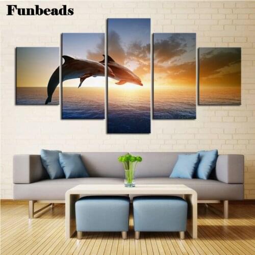Dolphin sunrise sea landscape diamond embroidery sale diamond painting 5 pcs set pictures of rhinestones art square drill,FF699