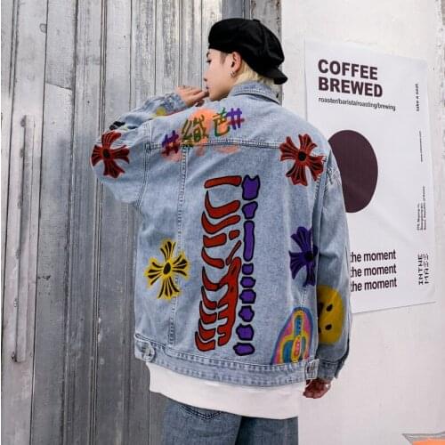 Mens Fashion Hip Hop Jeans Jacket Printing Cowboy Street Harajuku Denim Trucker Coat Oversized Cowboy Outerwear Tops