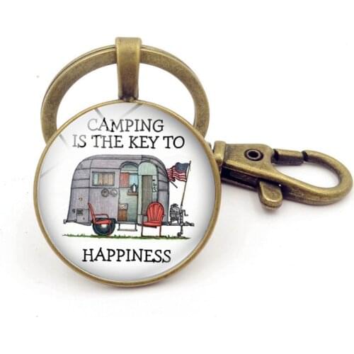 Happy Camper Key Chains Travel Vintage Time Gem Stone Key chains Camping Keyring Gifts for Camper