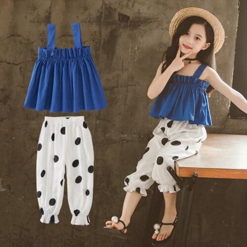 Summer 2020 Girls Clothing Sets Kids Blue T-shirt Dot Capri Pants Suits Children Sleeveless Vest Clothes 4 5 7 9 11 13 Years Old