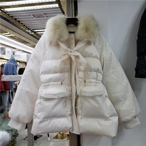 White Down Cotton-Padded Jacket Womens New Winter Korean Style 2020s Loose Mid-Length Parka Genuine Real Fur Collar Students