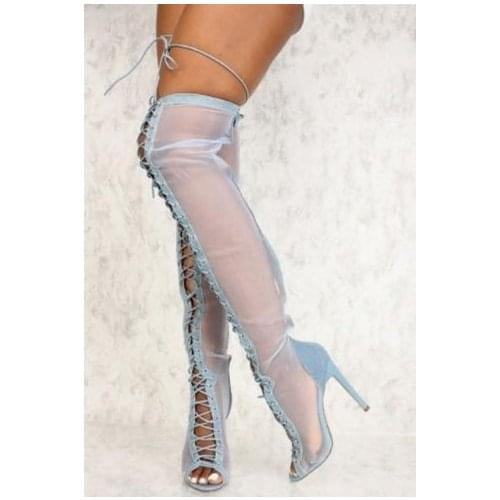 Summer Sexy Ladies Blue Mesh Patchwork Thigh High Boots Stiletto Heels Lace up Over the knee Boots Women Peep toe Long Botas