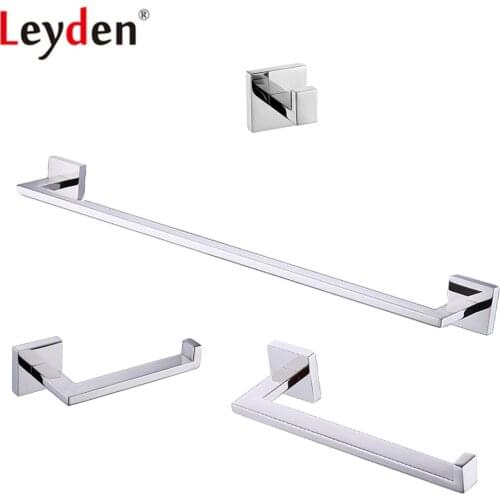 Leyden 4pcs Bathroom Accessories Set Chrome 304 Stainless Steel Towel Bar Holder Towel Ring Robe Hook Toilet Paper Holder