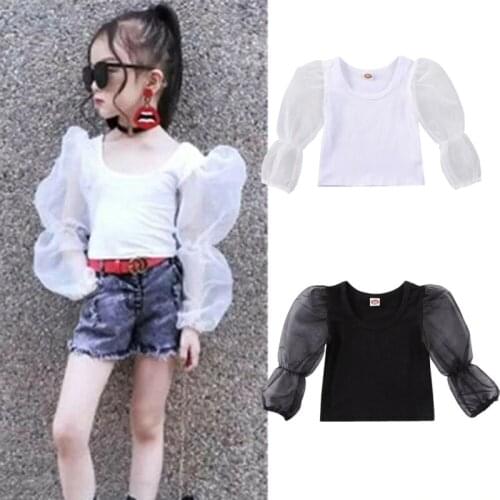 0-5T Toddler Kids Baby Girls T-shirt Tops Solid Long Lace Mesh Puff Sleeve Pullover Fashion Top shirt Summer Clothes