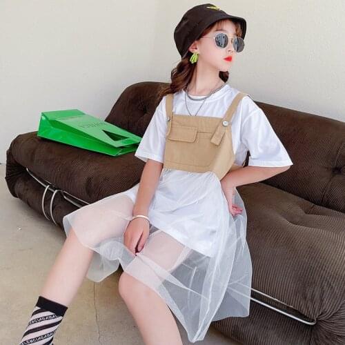 New Teens Girls Dress 2021 Fashion Kids Two Pieces Sets Vest + Net Yarn Dress 6 8 9 10 11 12 13 14 Years Olds Children Clothes