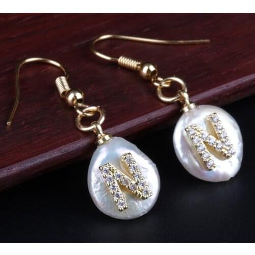 Initial 26 alphabet letter name charm micro pave white CZ freshwater pearl bead pendant charm dangle earrings for women
