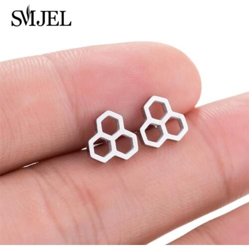SMJEL Minimalist Bee Honeycomb Earrings Women Punk Cool Earring Studs Pendients Party Earring Men Gifts boucle d oreille