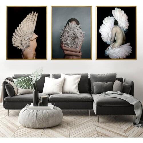 Modern White Feather Woman Canvas Painting Abstract Fashion Wall Art Print Poster Picture Living Room Home Decoration
