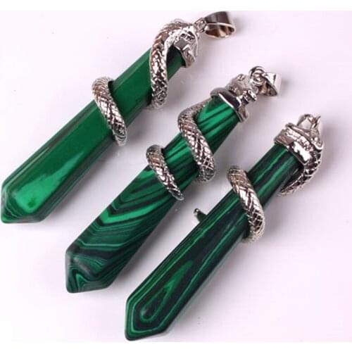 Trendy-beads Personalized Silver Plated Snake Wrap Hexagon Prism Pendant Malachite Stone Animal Jewelry