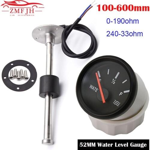 52mm Red Light Water Level Gauge with Water Tank Level Indicator 100mm 200mm 250mm 400mm Water Sender Unit For Car Boat 12V/24V