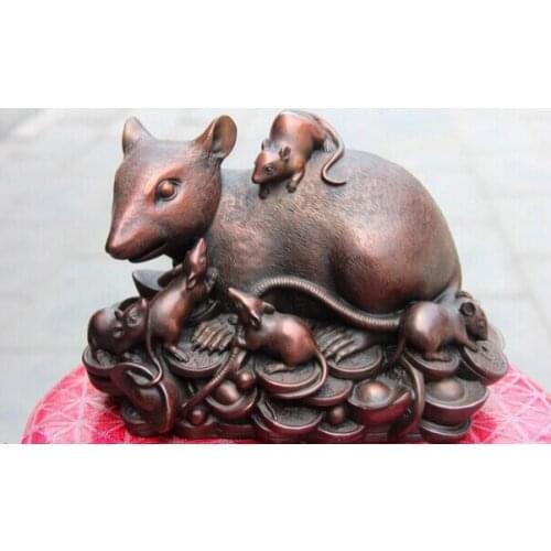 USPS to USA S0679 7 China Home Feng shui Copper Zodiac Rat Mice Mouse mother Son Money Coin Statue