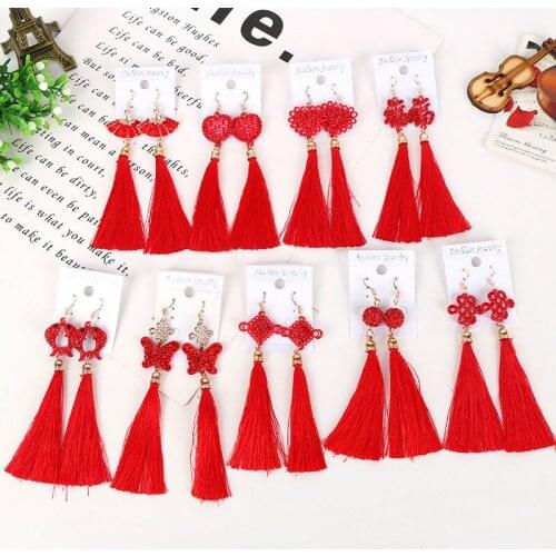 DoreenBeads Red Tassel Drop Earrings Vintage Handmade Hollow Out Chinese Knot Drop Long Tassel Earrings Women Jewelry 1 Pair