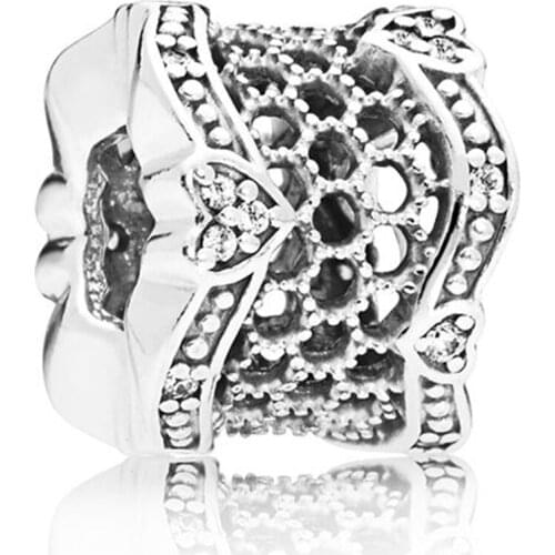Genuine 925 Sterling Silver Bead Openwork Lace Of Love With Crystal Spacer Charm Fit Women Pan Bracelet & Necklace Diy Jewe