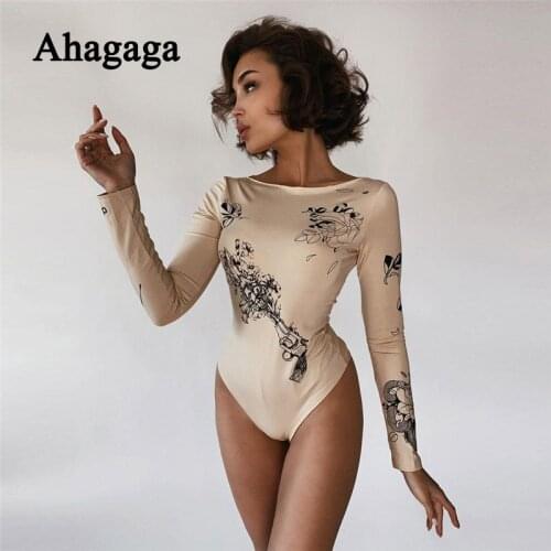 Ahagaga 2021 Autumn Print Bodysuit Women Fashion Long Sleeve O-Neck Catsuit Outfits Skinny Bodycon Casual Leotard Female Rompers