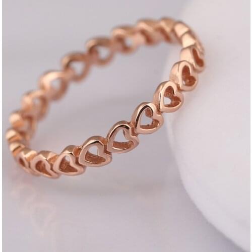 S925 Ring for Women Linked Hearts Ring Girl Lady Gift Rose Gold Colour