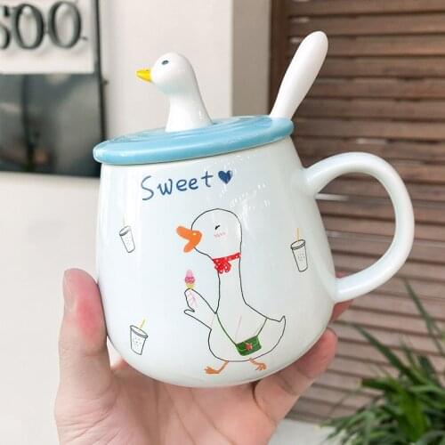 400ML Cute Cartoon Duck Ceramic Mugs Creative Couple Breakfast Milk Mug Ladies Office Cup with Lid Spoon