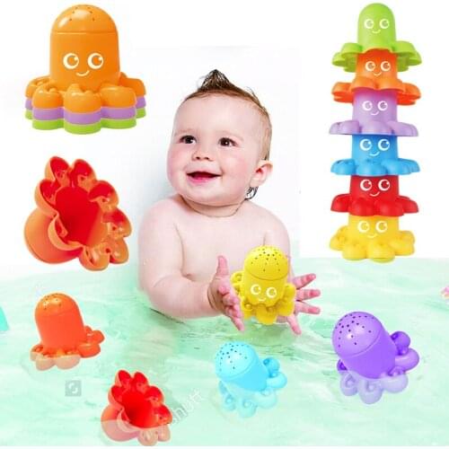6Pcs/set Large Size Baby Bath Toy Cartoon Octopus Stacking Cups Shower Bathroom Bathtub Play Water Toys for Children 0-12 Months