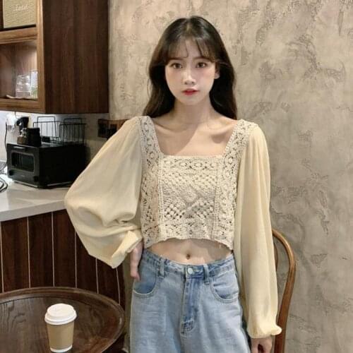 Blouse Women Short Top Lace Stitching Square Collar Chiffon Long Sleeve Shirt for Women Blusas Ropa De Mujer