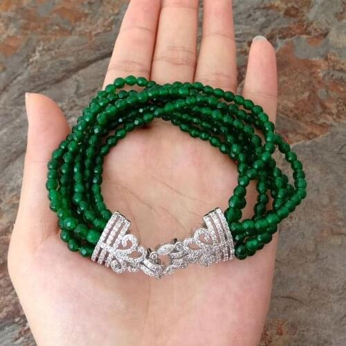 YYGEM 8'' natural 7 Rows 4mm faceted round Green Jade Bracelet Cubic Zirconia pave Clasp office style for women