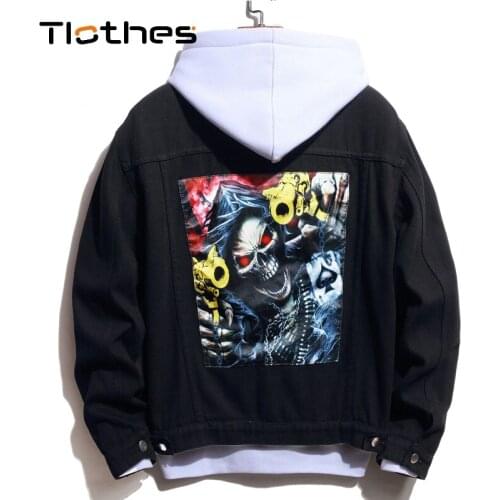 Black Denim Jacket Mens Clothing Skull Print Denim Shirt Men Cowboy Long Sleeve Jeans Shirts Pattern Jeans Jacket Men Coat
