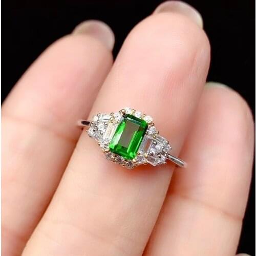 Chrame Gemstone Silver Ring for Daily Wear 4mm*6mm Emerald Cut Natural Diopside Ring Brithday Gift for Girl Friend
