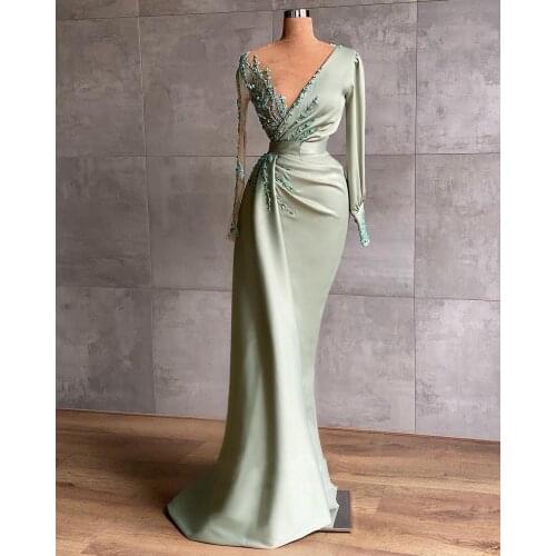 Dubai Mint Green Long Sleeve Evening Desses for Women Wedding Guest Party Gowns 2021 Arabic V-Neck Mermaid Prom Graduation Dress