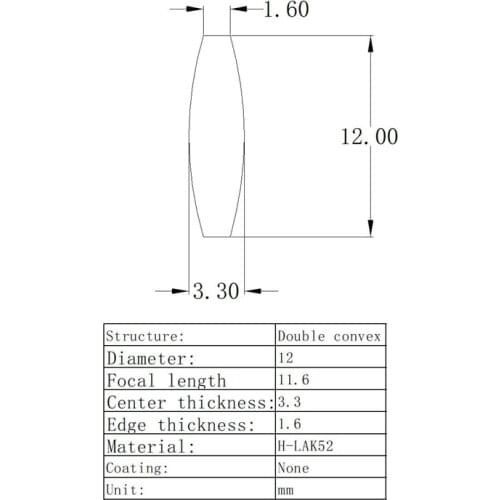Double Convex Lens Diameter 12 mm Focal Length 11.6mm Optical Lens K9 Glass Lens Optical Glass AR Coating