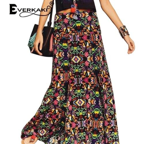 Everkaki Boho Ethnic Print Long Skirts Women Summer Beach Plus Size Retro Vintage Ladies Gypsy Skirt Female 2021 Fashion Outfits
