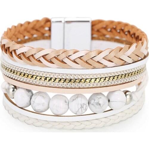 FYJS Unique Handmade Weave Roune Bead White Howlite Stone Leather Bracelet Ethnic Style Jewelry