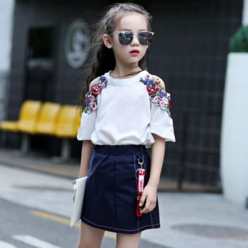 Fashion Girls Clothing Set 2019 Summer Baby Girls Clothes Floral Embroidery T-shirt+Denim Skirts Children Clothing