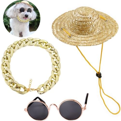Pet Sunglasses Jewelry Set Fashion Metal Cat Sunglasses Pet Glasses With Necklace And Hat Pet Clothing Accessories Set