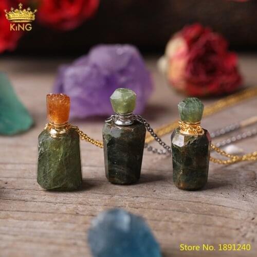 Natural Green Jades Gold Silvery Perfume Bottle Pendant Necklace,Fashion Women Gemstones Essential Oil Diffuser Bottle Jewelry