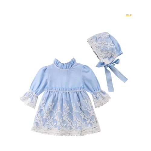 Pudcoco Toddler Baby Girl Princess Dress Kid Long Sleeve Lace Party Wedding Dress +Hat 2pcs Kids Clothes Children Clothing Set