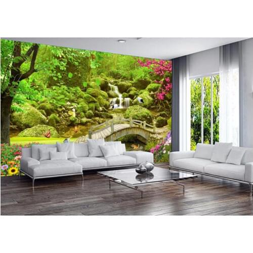 Custom photo mural 3d wallpaper Creek wood bridge flowers and trees decoration painting 3d wall murals wallpaper for walls 3 d