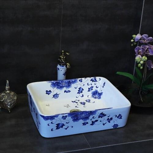 Rectangle Blue and white Chinese art hand porcelain bathroom table top ceramic wash basin art wash basin bathroom sink