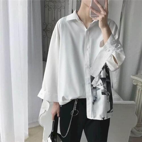 Shirt Men Blouses Couple Korean Style Scheming Design Three-quarter Sleeves Printed Shirts Korean Trendy Handsome Loose-fitting