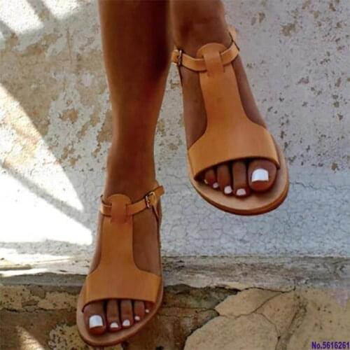 T-Strap Flat With Gladiator Sandals Women Flat Rome Sandals Solid Fashion Buckle Strap Big Size Summer Bohemian Shoes