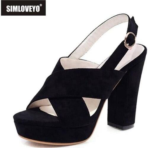 SIMLOVEYO 2021 Ladies Party Sandals Buckle Strap Platforms Open Toe Slingbacks 10.5CM Block Heel Shoes US11 12 Black Beige A4461