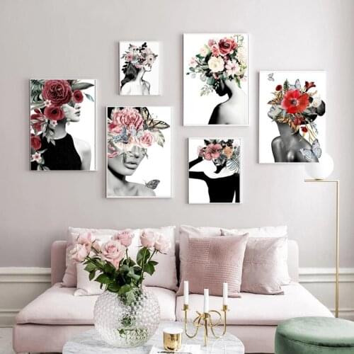 Nordic Fashion Photography Girl Floral Printing Poster Abstract Figure Pictorial Canvas Painting Wall Art Living Room Decoration