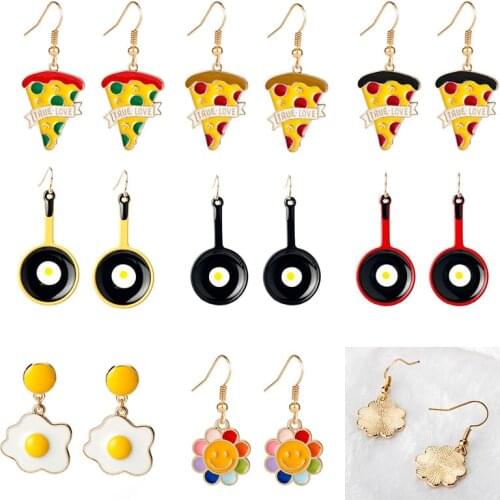 Funny Imitation Food Pizza earring Egg Omelette Mini pan Drop Earrings for Women Girls Enamel Earring Gifts