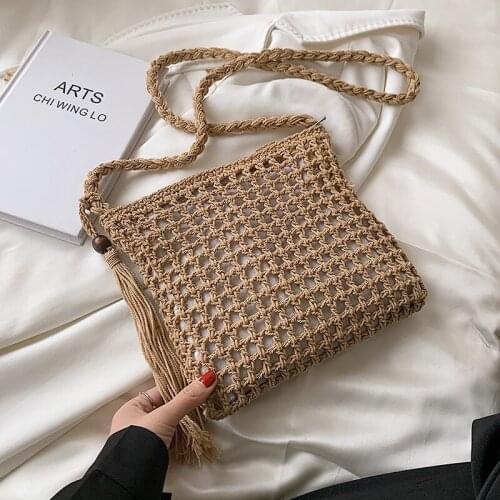 Retro Hollow Woven Woolen Crossbody Bag for Women 2021 Summer Fashion Tassel Beach Shoulder Handbags and Purses