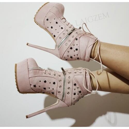 SEIIHEM Pink Women Ankle Platform Boots Studded Short Booties High Heels Bottines Female Lady Shoes Woman Large Size 43 44 50 52