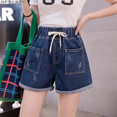 Causal Summer Women Denim Shorts Loose Wide Leg Plus Size Short Femme Burrs Scratch Ripped Elastic Waist Drawstring Jean Shorts