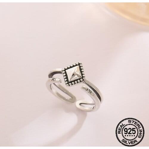 S925 Sterling Silver Rings For Women Opening Adjustable Hollow Rectangle Smiley Punk Hip Hop Fashion Jewelry Best Gift INEFFA