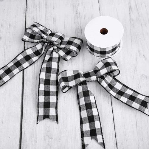 38cm Christmas Checked Plaid Ribbon Party Gift Wrapping Floral Bows White Black Buffalo Check Ribbon Christmas Tree Decoration