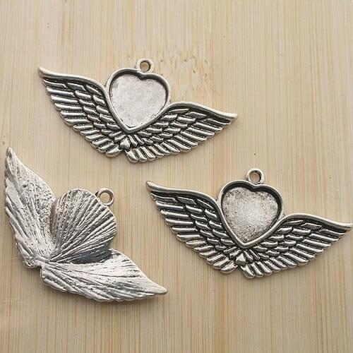 5pcs 23x44mm antique silver angel wing heart settings pendants G93