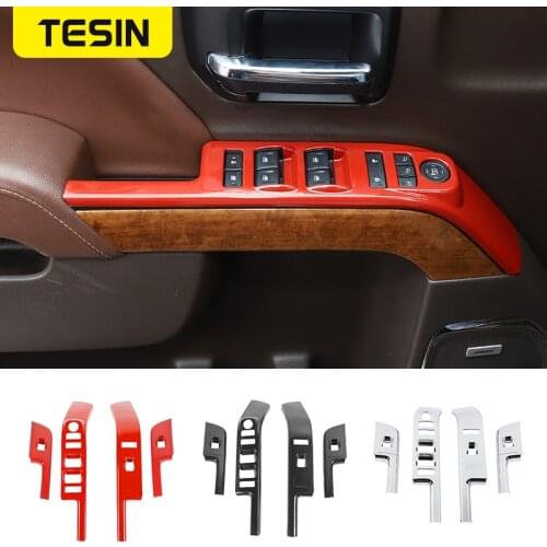TESIN Interior Accessories Car Window Lift Panel Switch Button Decoration Cover Stickers for Chevrolet Silverado 2014-2017