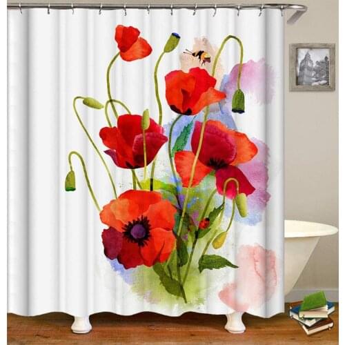 Coquelicots Aquarelle. Rideau De Douche Impression 3D HD Ne Se Décolore Pas 180X180 Cm Tissu Imperméable À l'eau 12 Crochets Lib