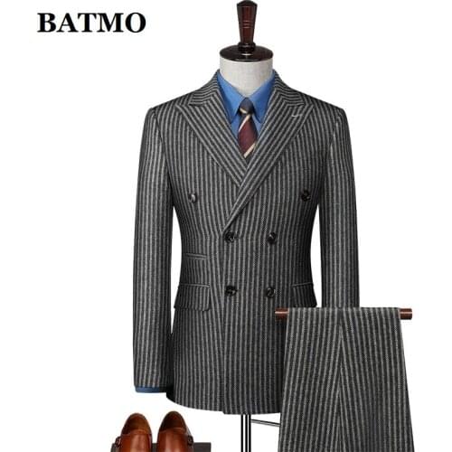 BATMO 2021 new arrival high qulaity wool striped suits men,casual two Splits suits ,867A
