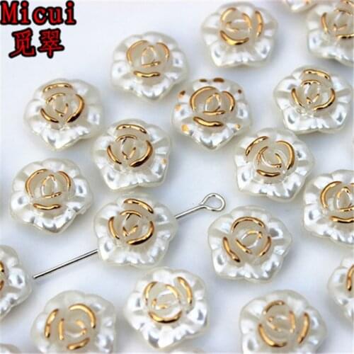 Micui 100PCS 13mm ABS Plastic Flower Flatback Hole Beads Imitation Pearl Half Beads For Clothing Accessories Crafts ZZ200K